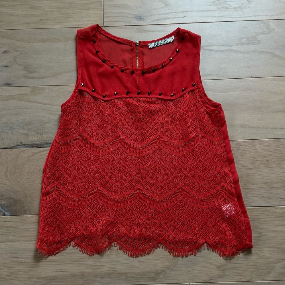 Chloe K women’s Orange lace and gold studded tank top size Small